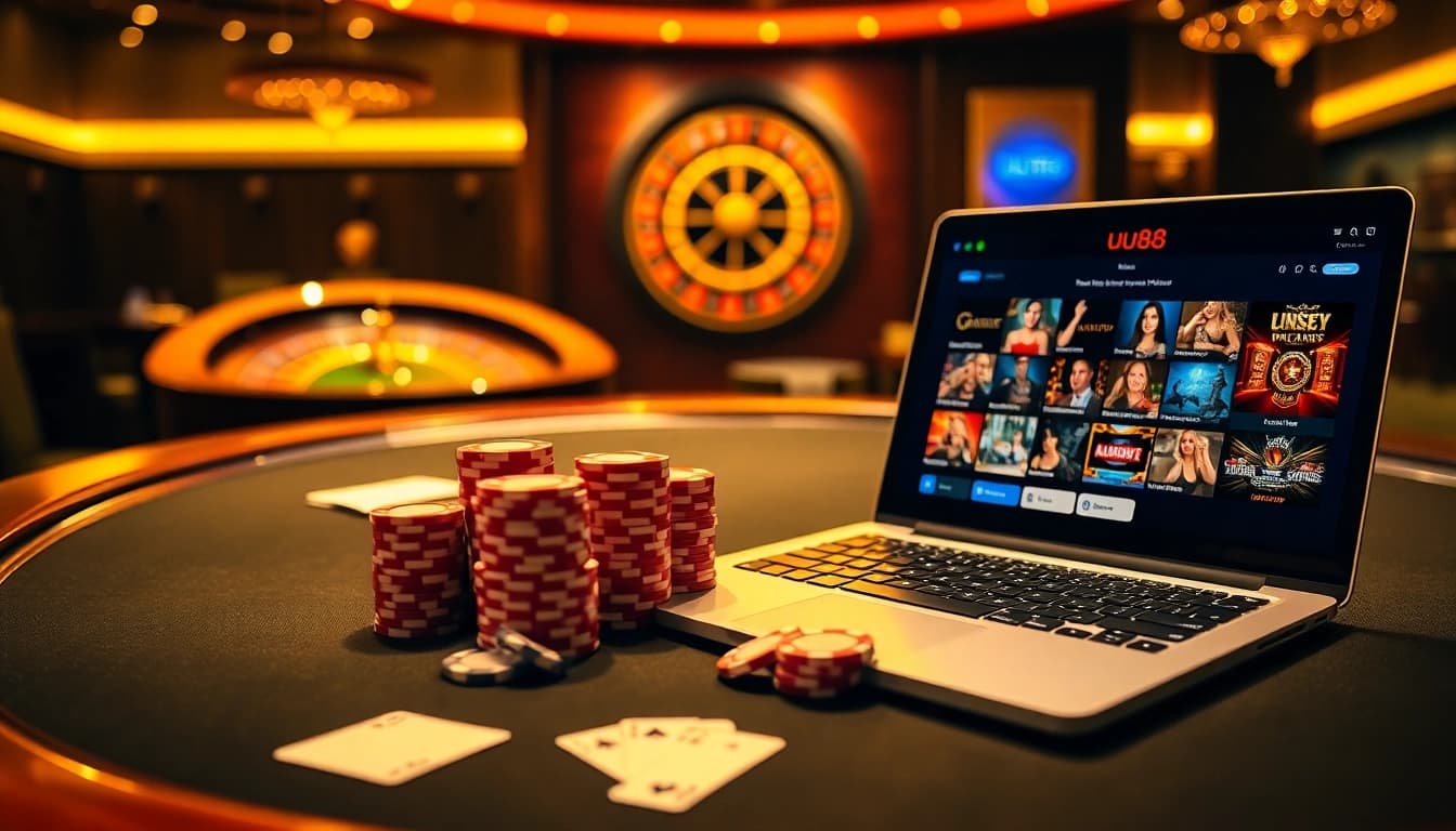 Engaging scene of online gambling at uu88 casino with poker chips and roulette wheel.