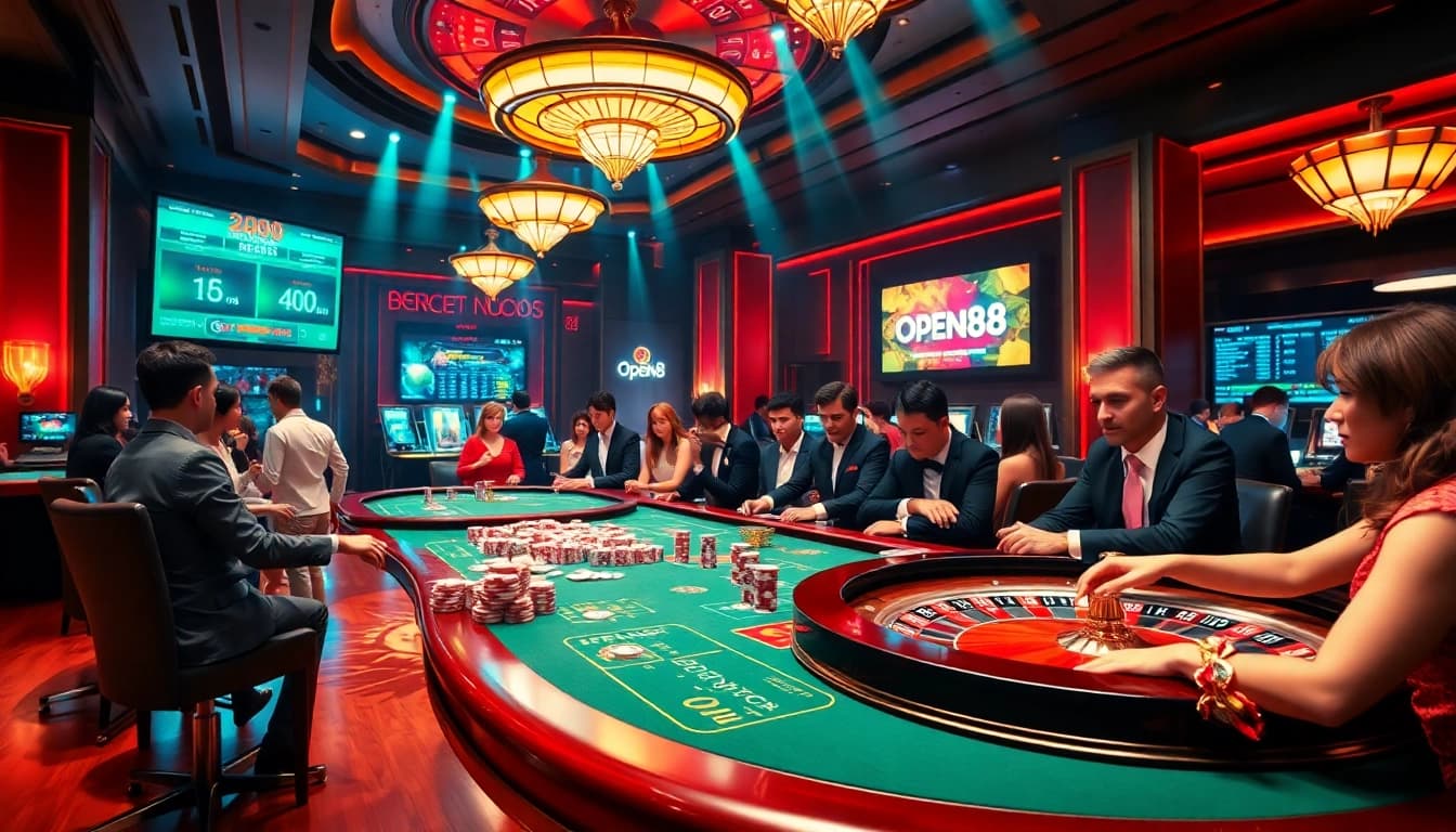 Open88 online casino scene with players at a lively poker table and vibrant roulette wheel.