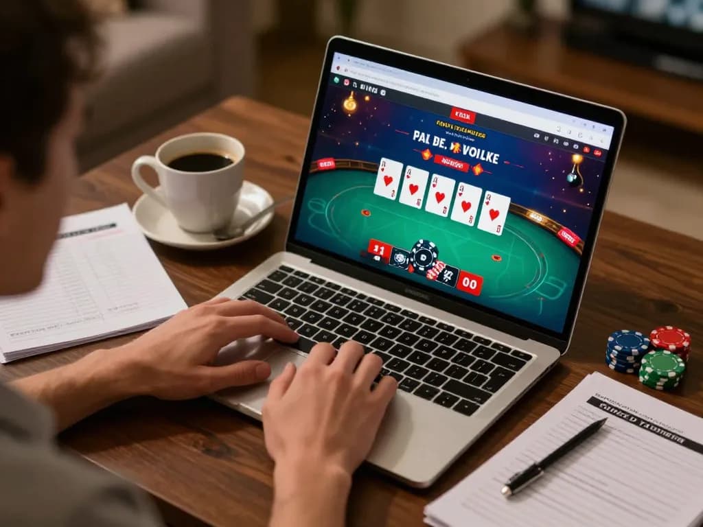 Player strategizing on phpvip poker app with notes and coffee, showcasing responsible online gaming.