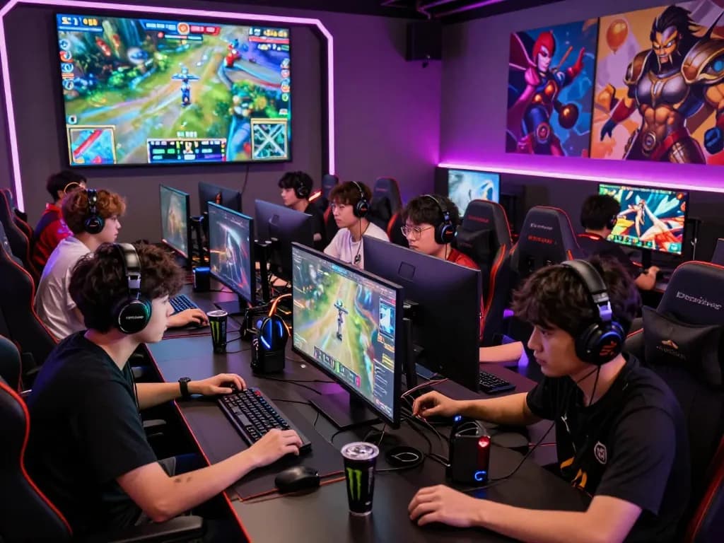 Gaming community at https://max79.guru/ enjoying an intense esports event with vibrant colors and tech.