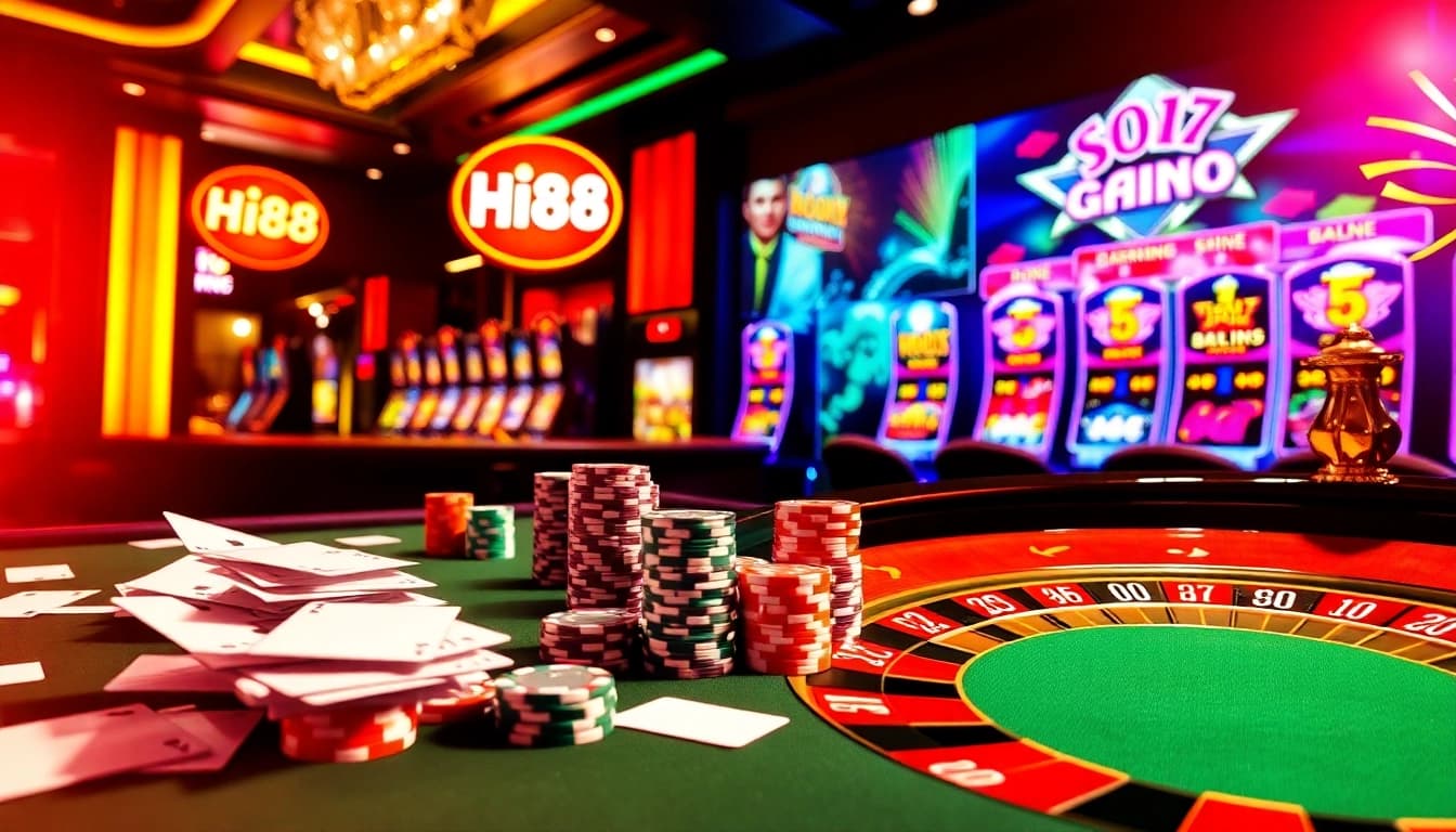 Experience the excitement of Hi88 gaming at a vibrant casino table with poker chips and cards.