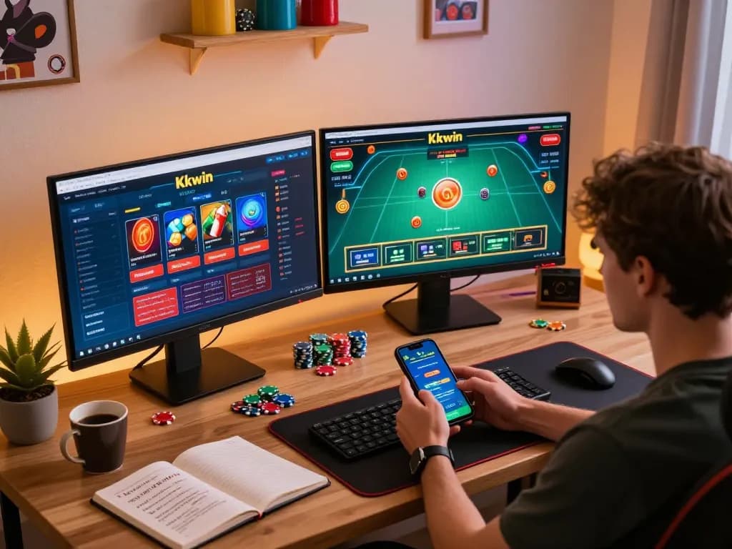 Kkwin user engaged in immersive online casino gameplay at a stylish home setup