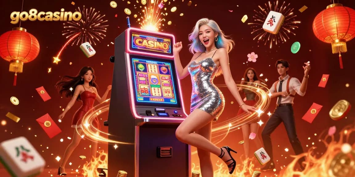 Experience excitement with go8casino's vibrant slot machine scene featuring celebratory elements.