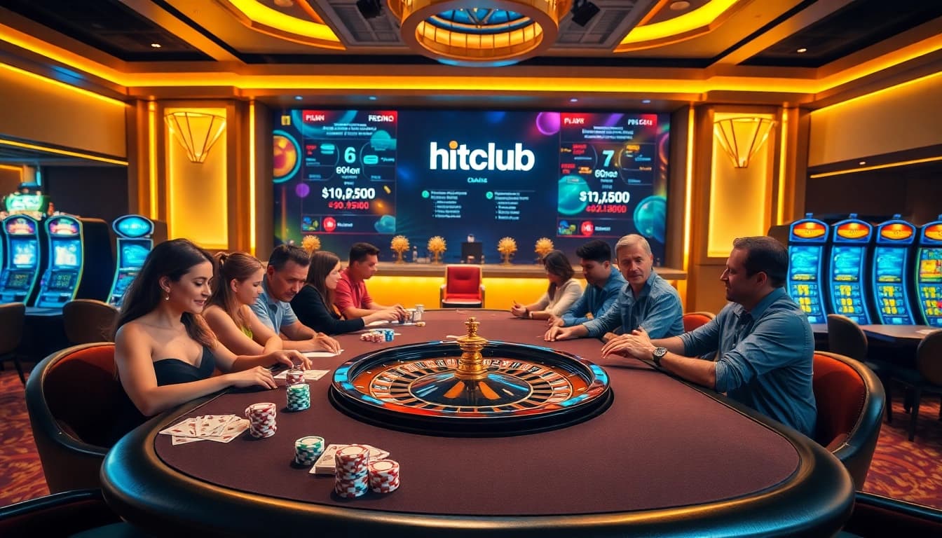 Hitclub players strategizing with chips and cards at a vibrant casino table.