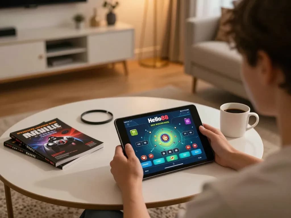Hello88 app user engaging in online gambling from a cozy home setup, showcasing strategic gameplay.