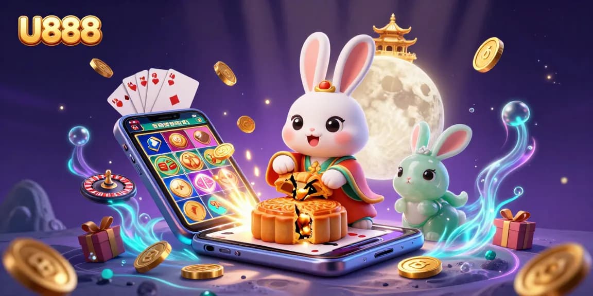 Engage in thrilling gameplay at U888 with a vibrant 3D illustration featuring a moon rabbit delivering casino excitement.
