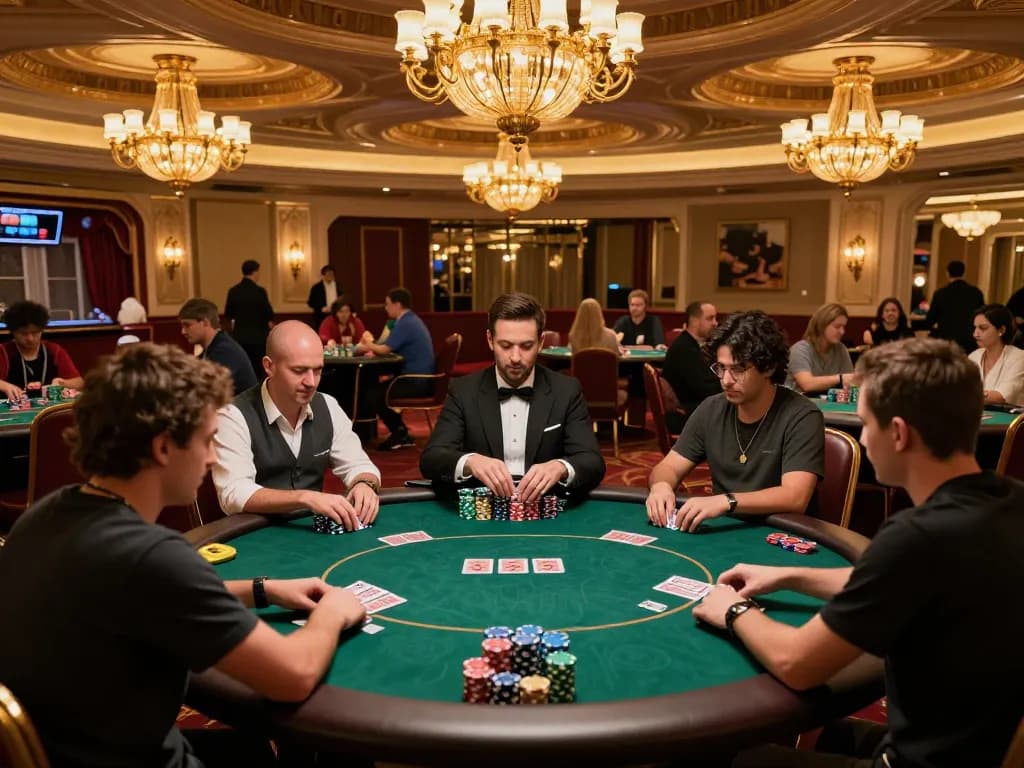 Players engage in a thrilling poker game at an upscale casino, highlighting strategies for debet management.