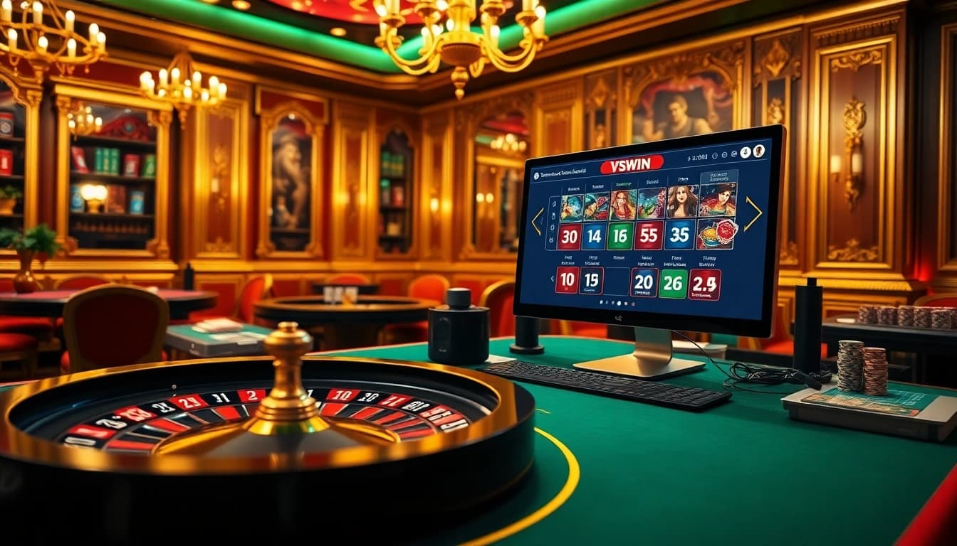 VSWIN online platform showcasing vibrant gambling activities with cards, chips, and a roulette wheel.