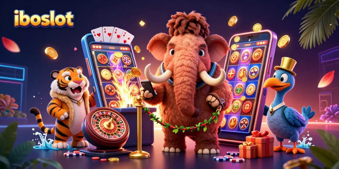 iboslot casino features a vibrant 3D scene with a mammoth, saber-tooth, and dodo amidst gaming excitement.