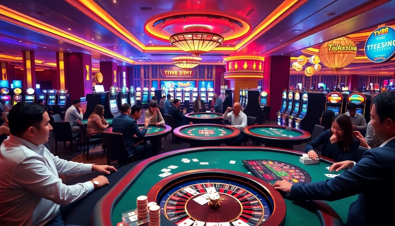 Players enjoying exciting games at TV88 Casino, showcasing poker tables and vibrant slot machines.