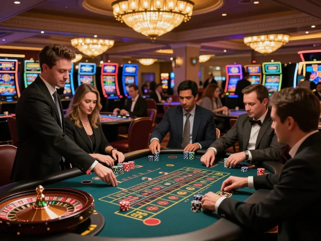 Exciting scene at HITCLUB casino with players engaged around a roulette table, showcasing vibrant gaming atmosphere.