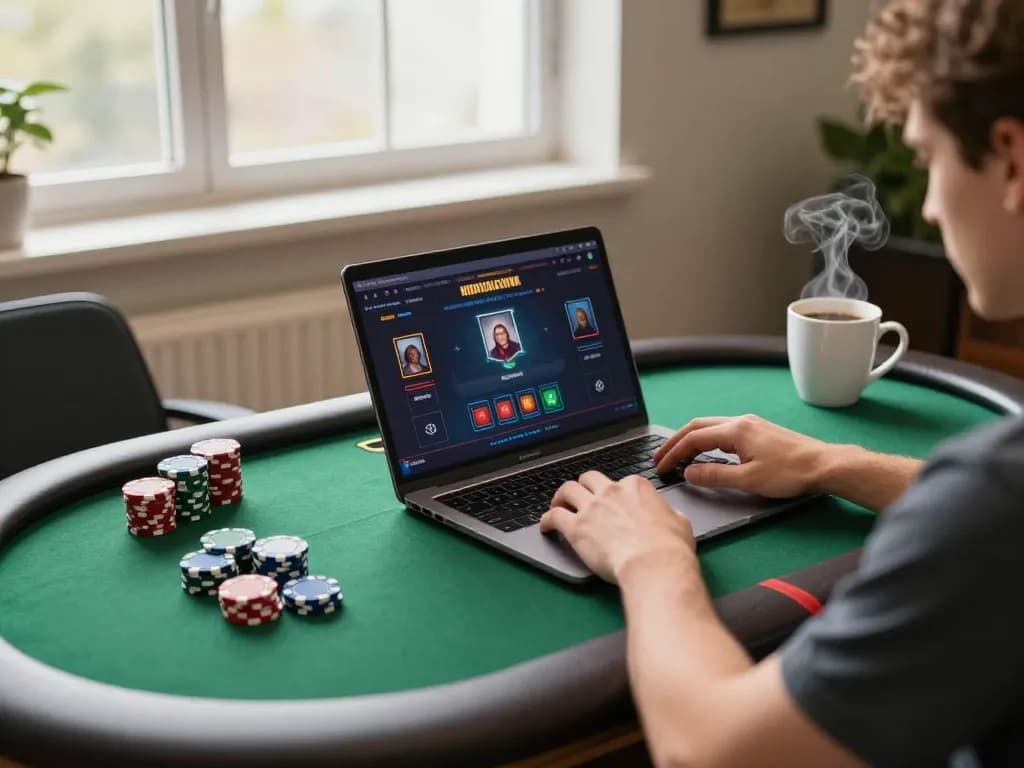 Person playing poker online at 3Win with chips and strategy notes visible.