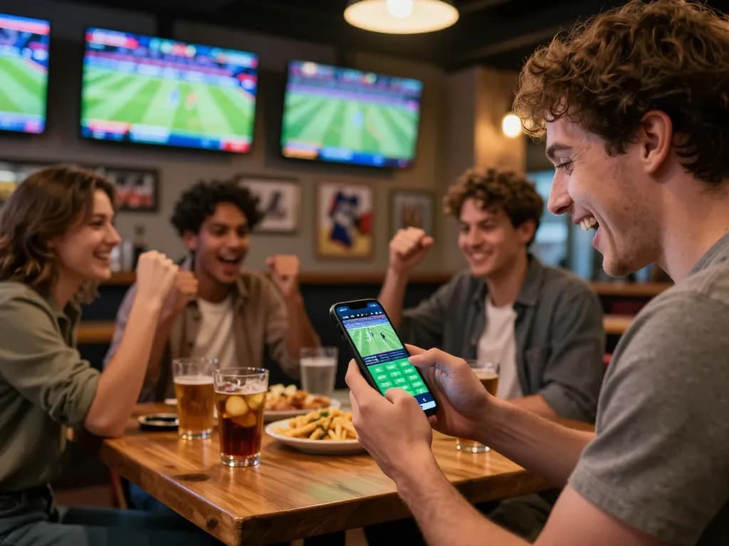 Engaging sports betting moment showcasing ty le keo nha cai on a smartphone app with friends celebrating
