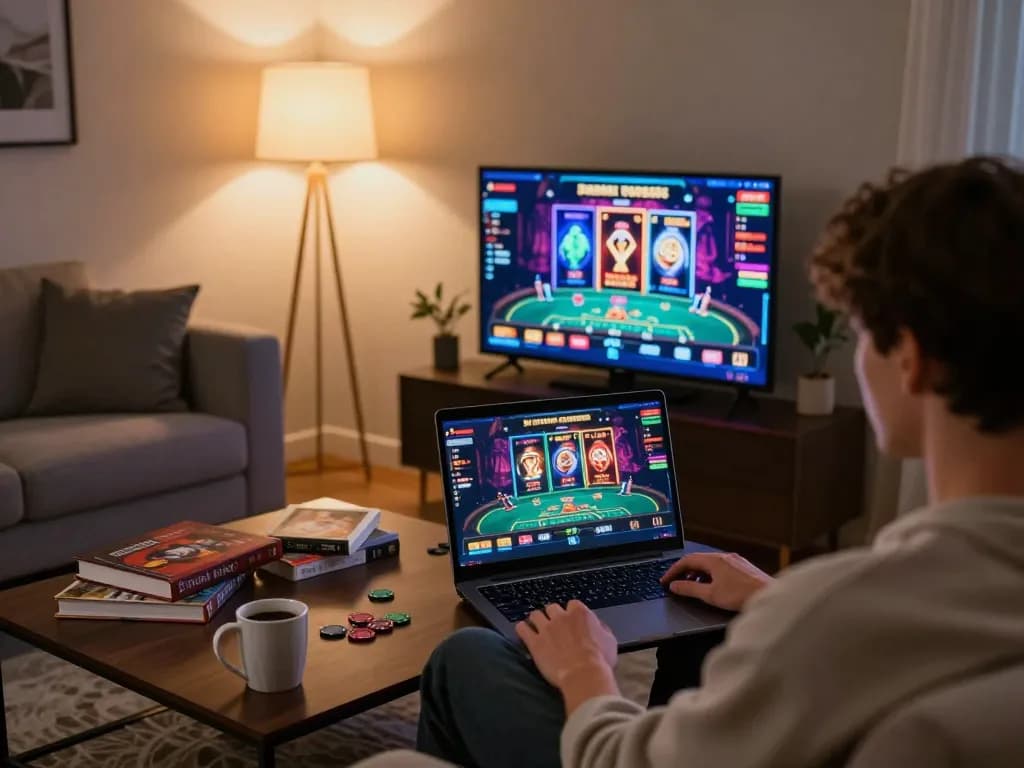 Player engaging in online gaming at home with okfun app displayed on laptop screen.
