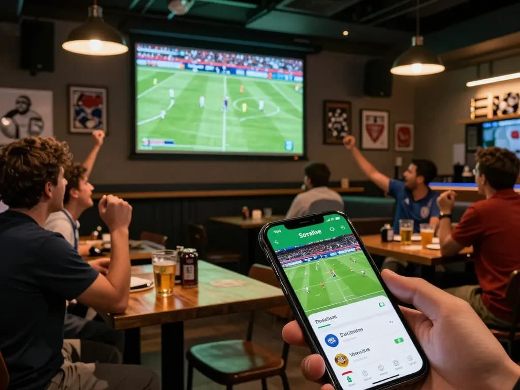 Socolive app displayed on smartphone while fans celebrate at a packed sports bar during a live soccer match.