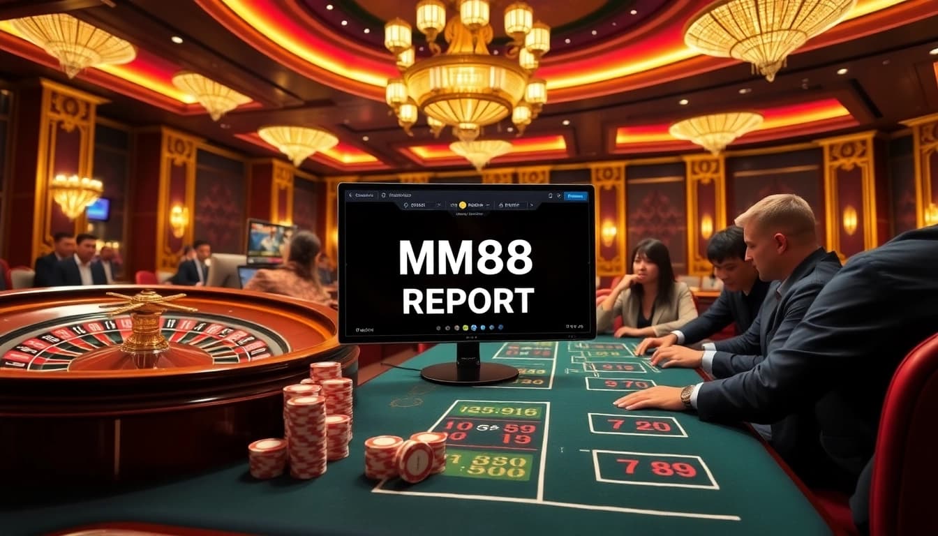 Experience the thrill of MM88 report with vibrant casino visuals featuring poker chips and roulette.