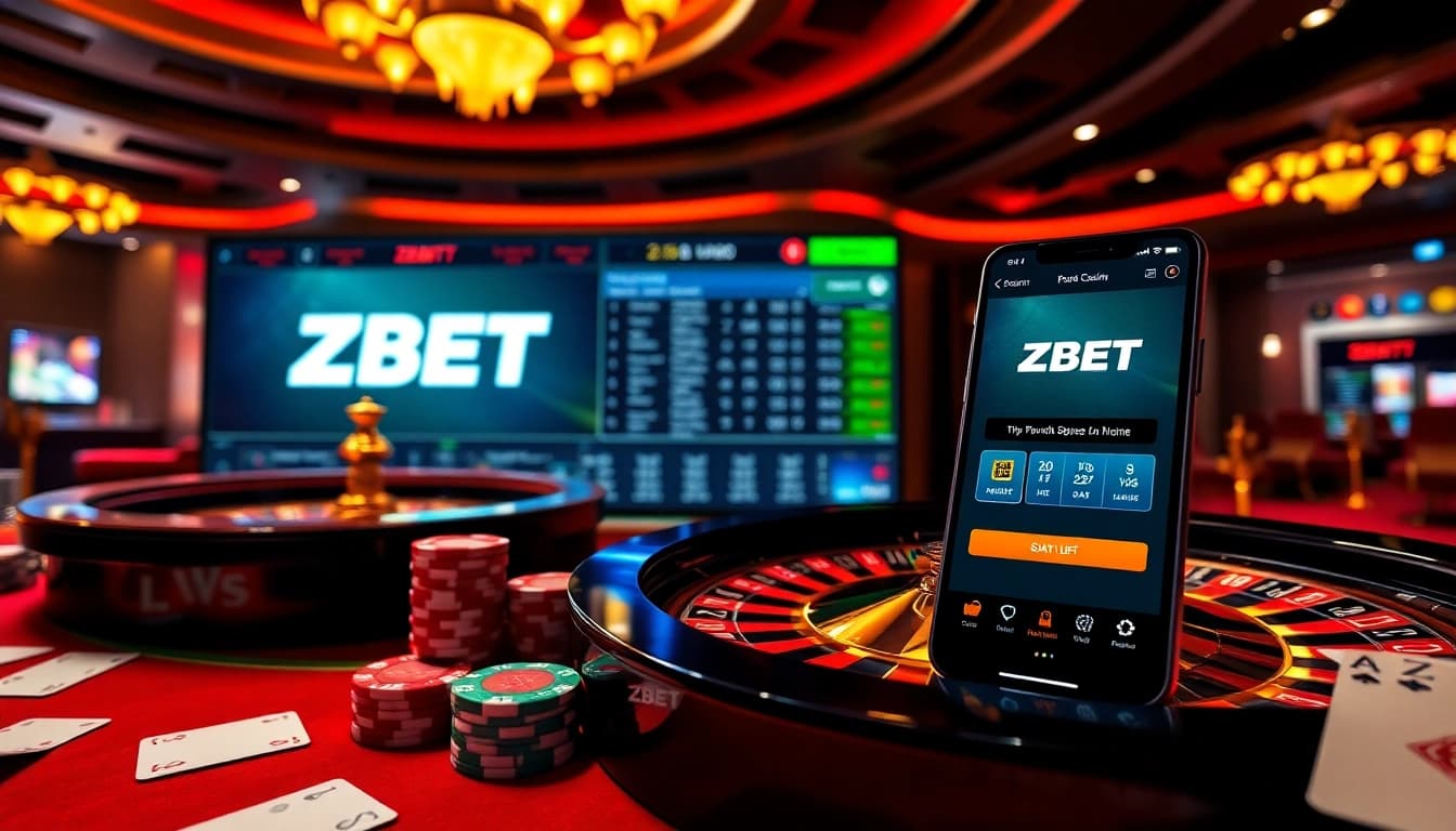 ZBET smartphone app in an exciting casino setting featuring vibrant poker chips and cards.