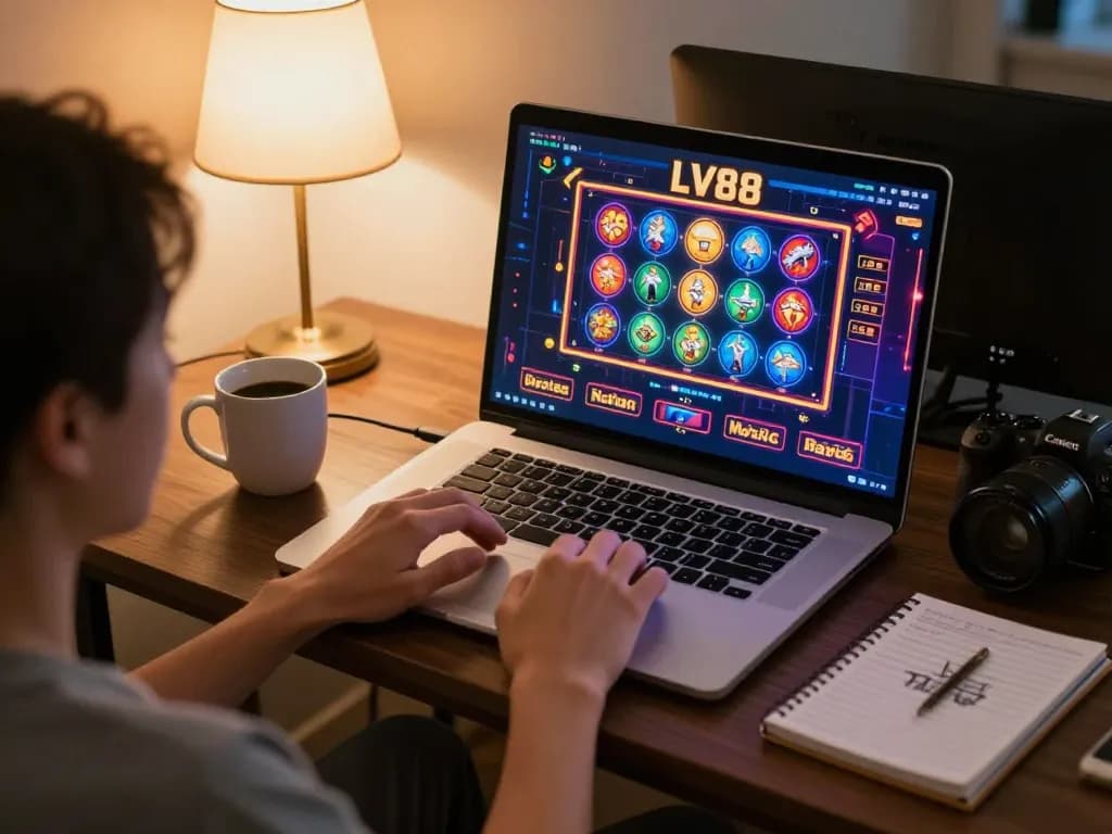 Player engaging in online casino gameplay at LV88 on a laptop in a cozy home setting