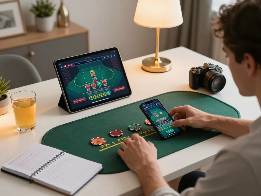 SC88 player engaging in live dealer gaming on smartphone at home, showcasing betting strategies and entertainment