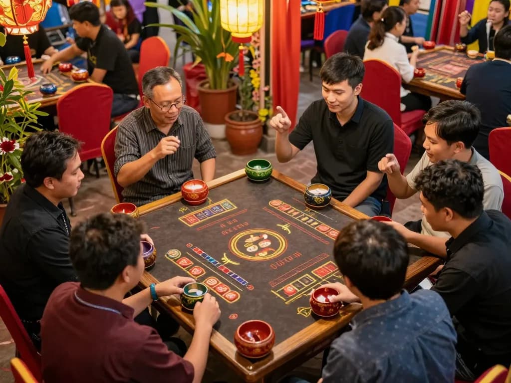 Xóc đĩa game in action at a festive gathering, players engaged and enjoying lively competition