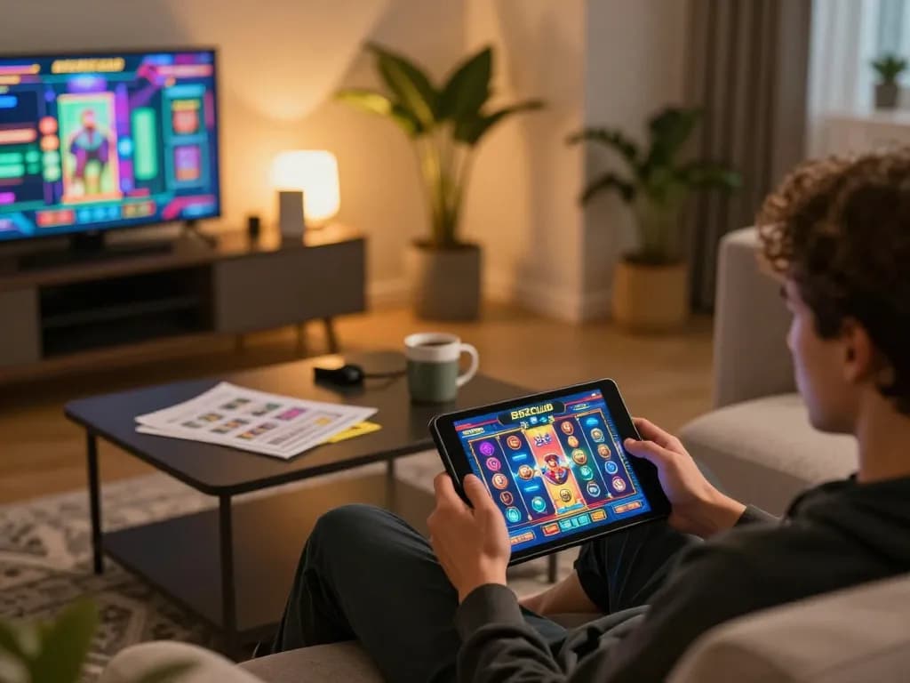 Engaging in online slot games at B52club using a tablet, showcasing a cozy home gaming atmosphere