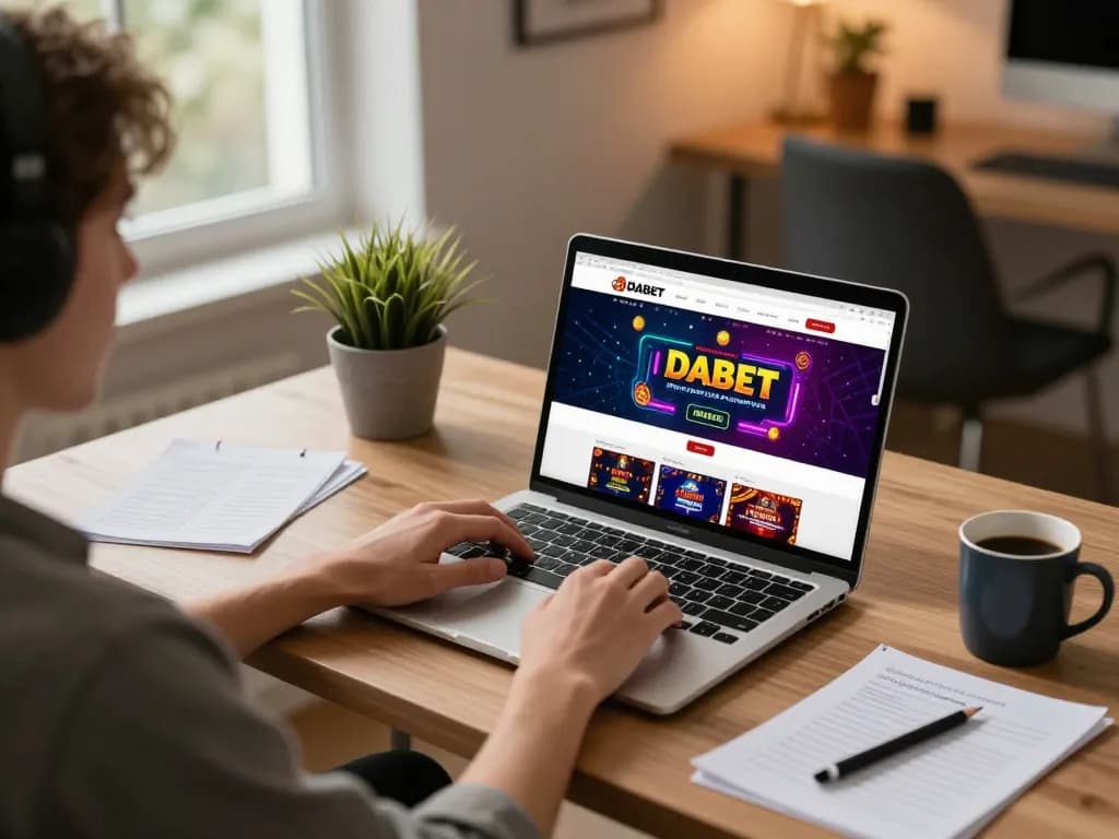 Dabet online gaming experience with user engaged in strategy notes in a cozy home office.