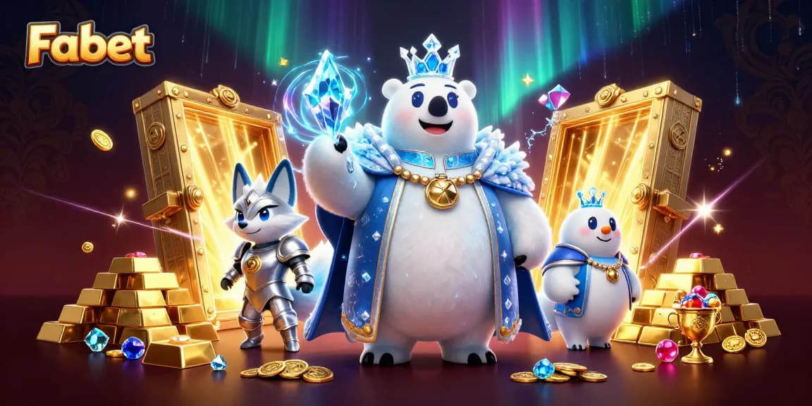 Fabet showcases a vibrant scene with a polar bear king and a fox amidst gleaming treasures and casino elements.