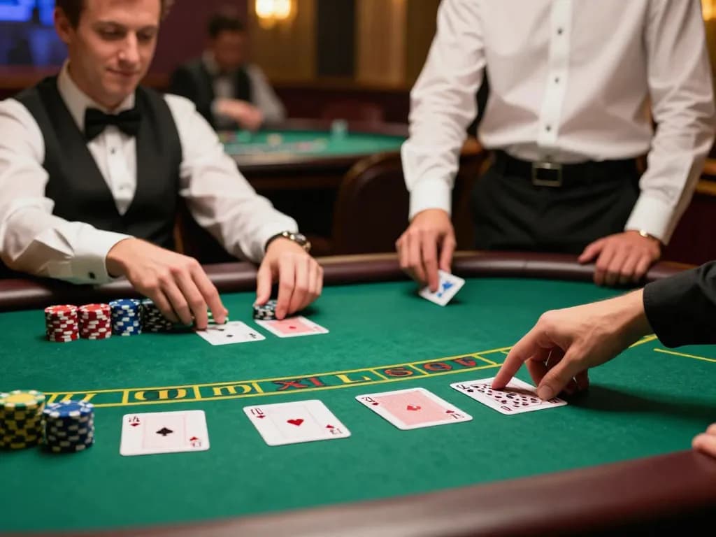 TT88 player placing a strategic bet at a blackjack table in a vibrant casino atmosphere.