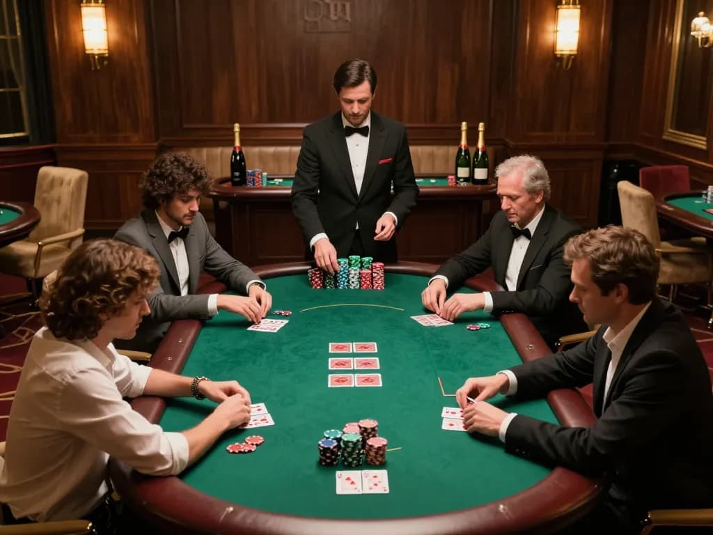 mb66 players engaged in high-stakes poker at an elegant VIP table, showcasing excitement and luxury.