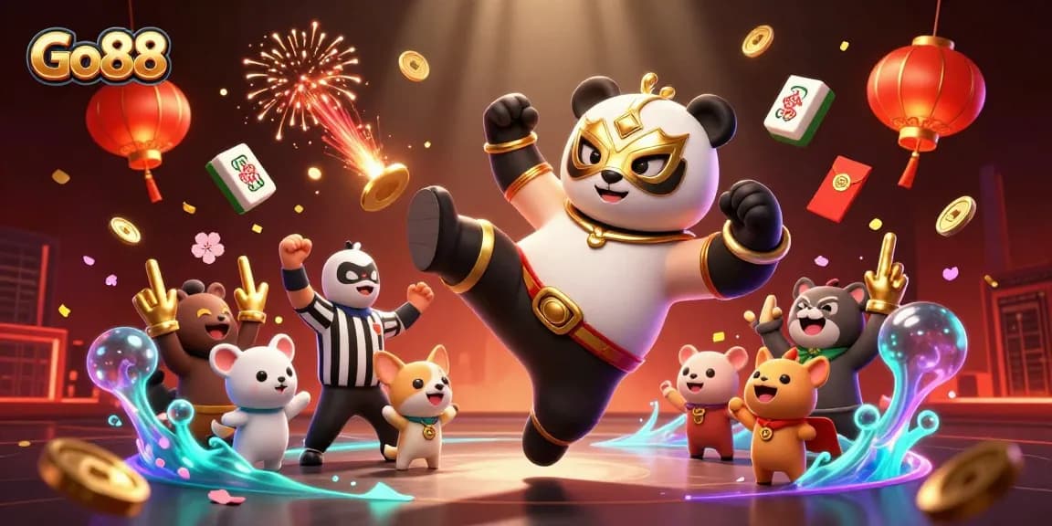 Engage with Go88's thrilling action featuring a panda wrestler, chihuahua referee, and animated casino elements.