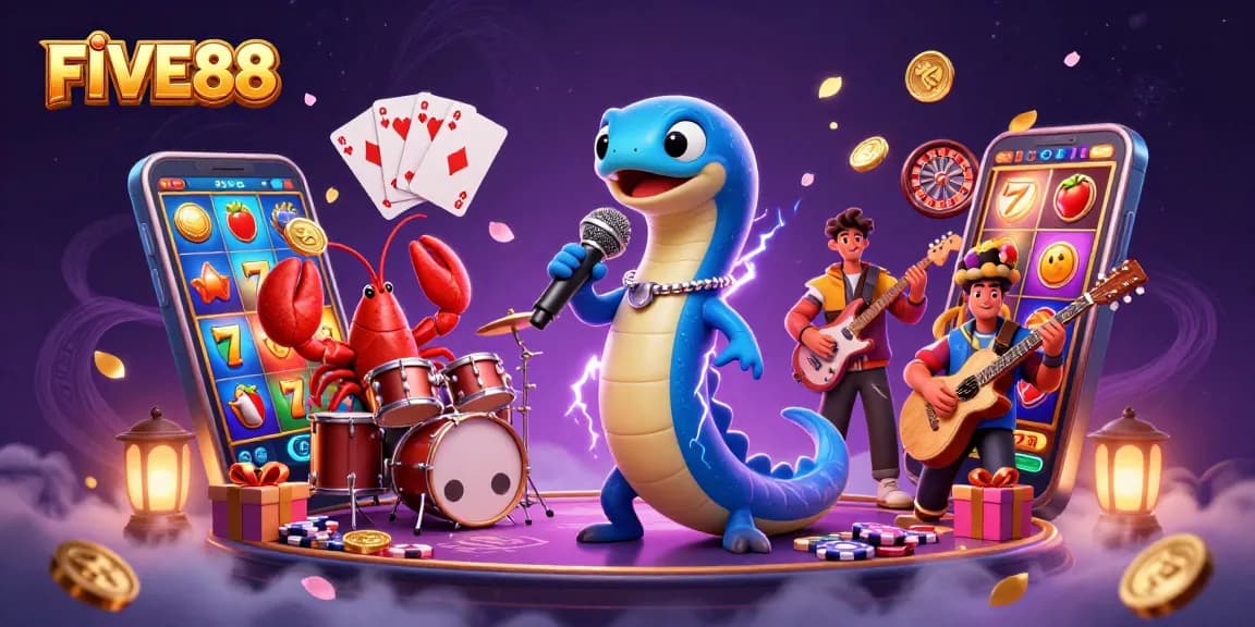 Experience excitement at FIVE88 with a dynamic underwater concert scene featuring vibrant casino elements.