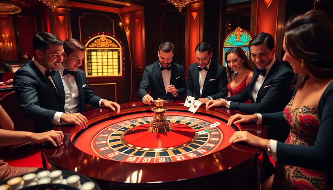 Gamblers enjoying high-stakes play at a sunwin-themed luxurious casino atmosphere.