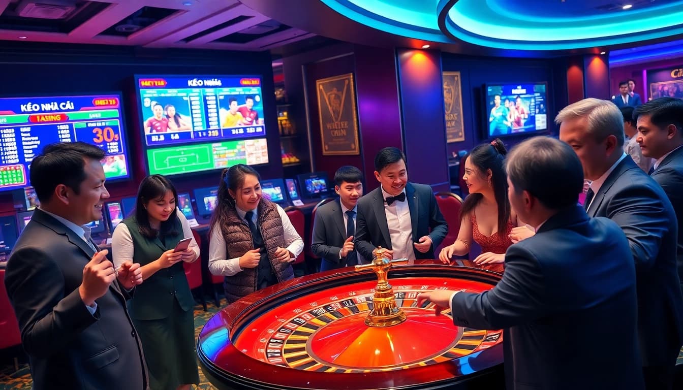 Kèo Nhà Cái betting enthusiasts engaging at an upscale casino sports betting area with dynamic odds displays.