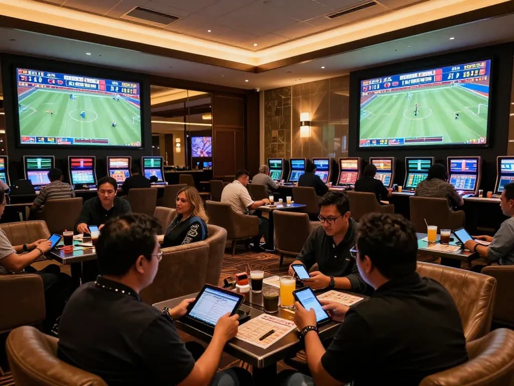 Experience kèo nhà cái hôm nay in an upscale sports betting lounge with live matches and excited patrons