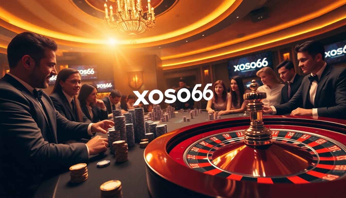 xoso66 players engaging in an exciting game at a luxurious casino table, radiating thrill and strategy.