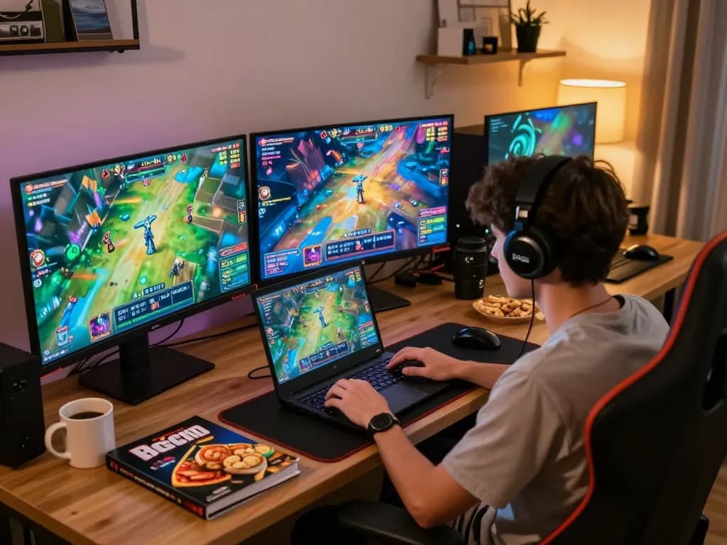 Engaging player focusing on nohu slot game on multiple screens in a cozy gaming setup.
