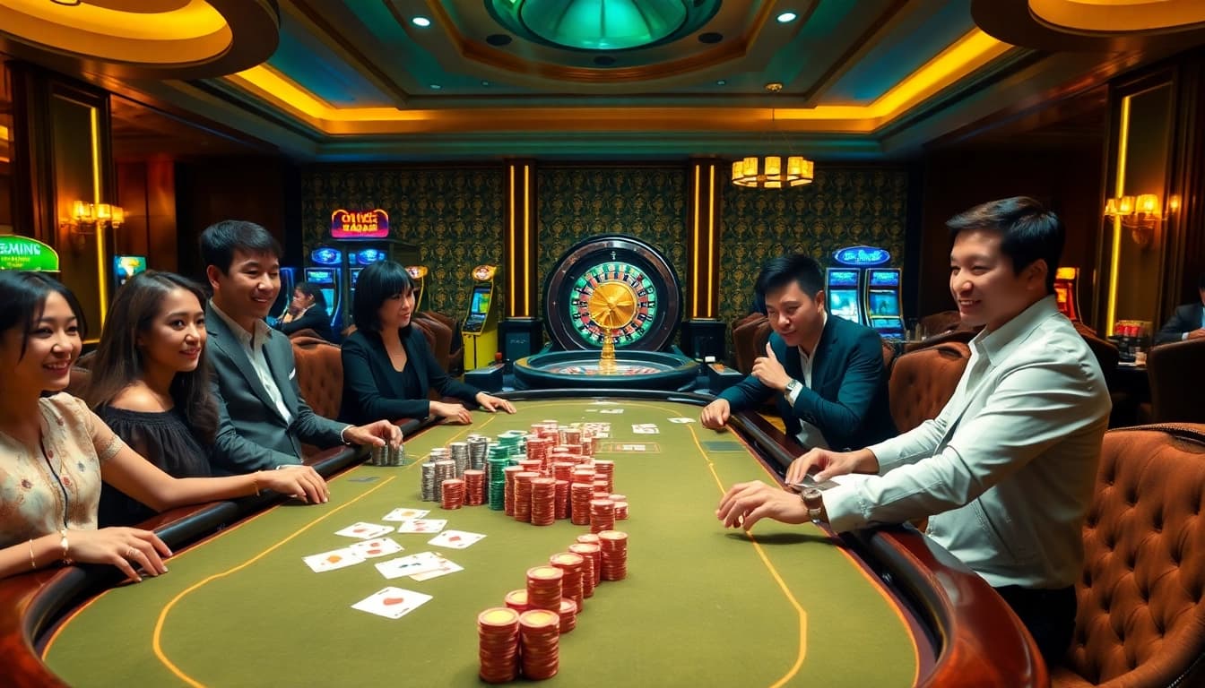 Players engaged in a thrilling blackjack game at 98win casino, capturing the excitement of gambling.