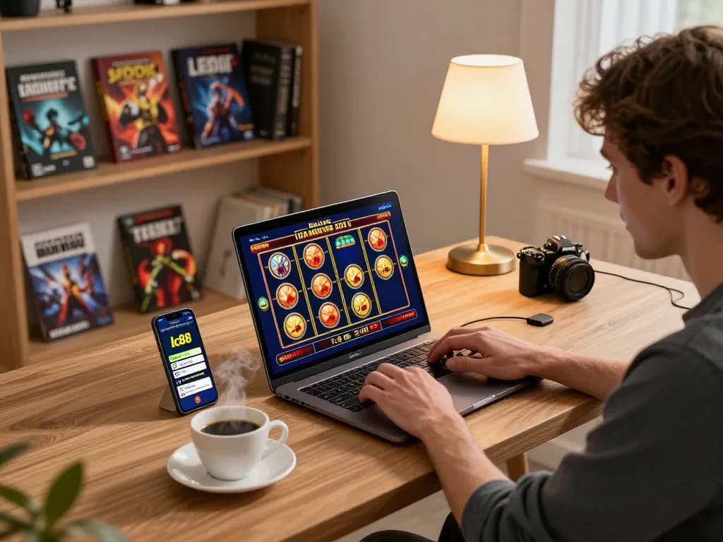 Player engaging with online slots at lc88 app with a laptop and smartphone setup.