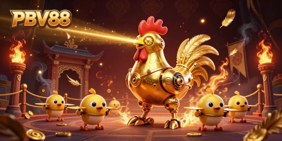 Engage in thrilling PBV88 casino action with dynamic golden rooster robot and chick drones.