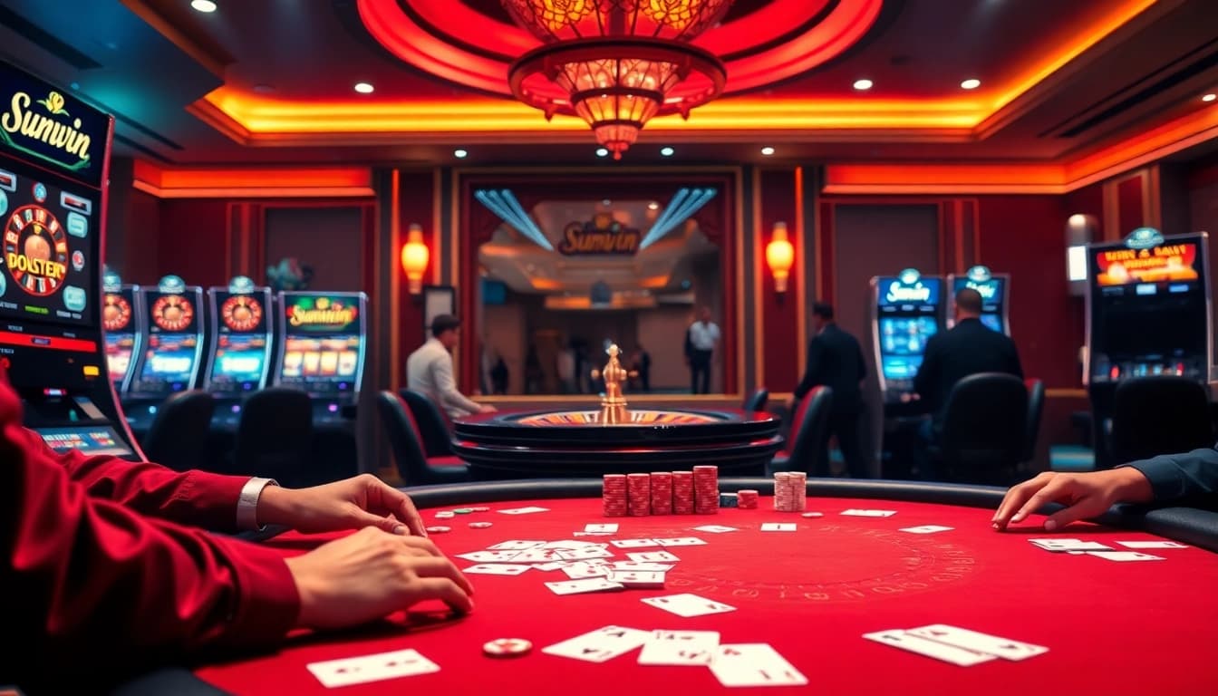 Excited players enjoying a high-stakes game at Sunwin casino, surrounded by vibrant poker chips.