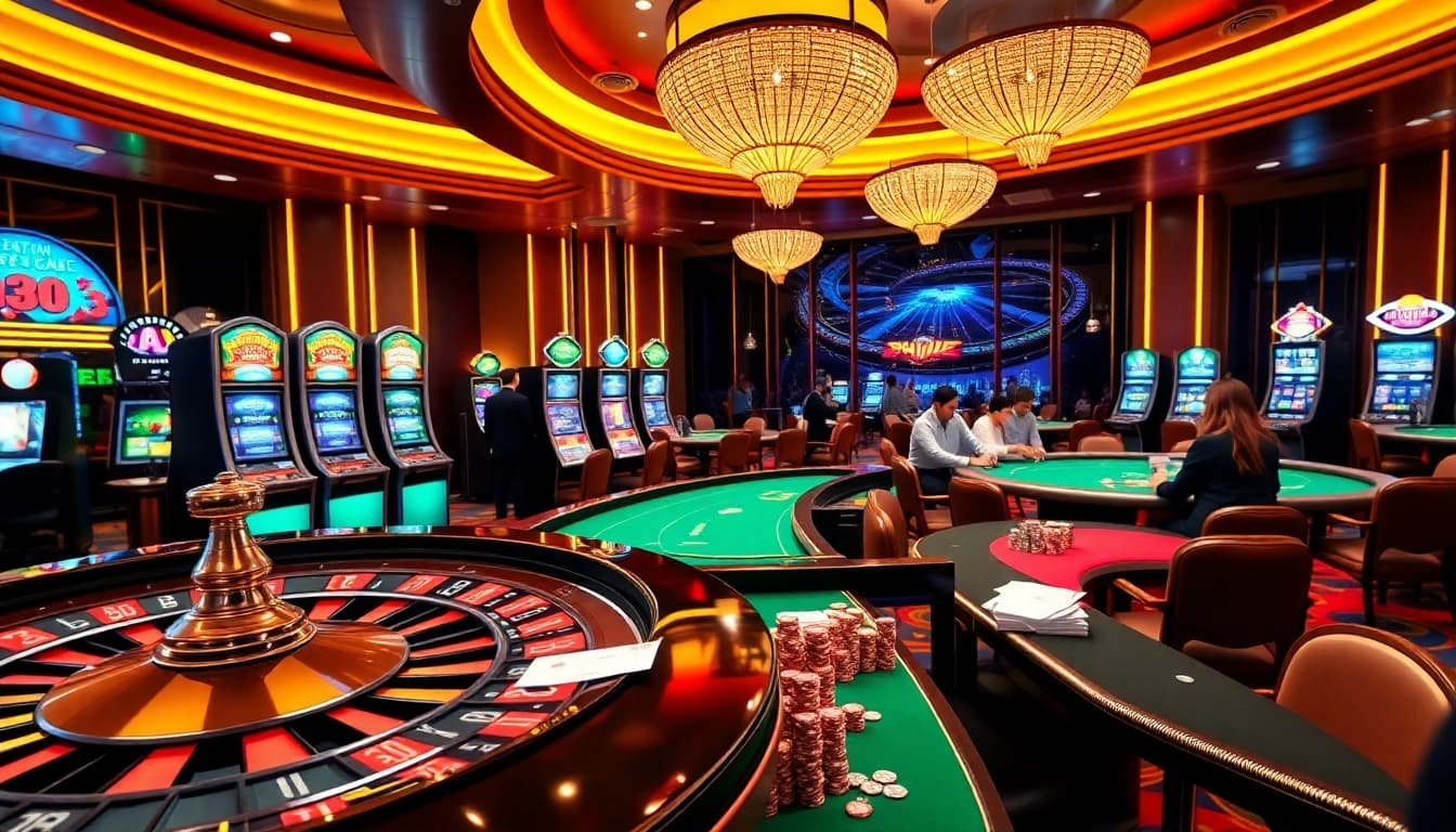 Engaging casino scene highlighting Kèo nhà cái 5 with lively betting tables and vibrant slot machines.