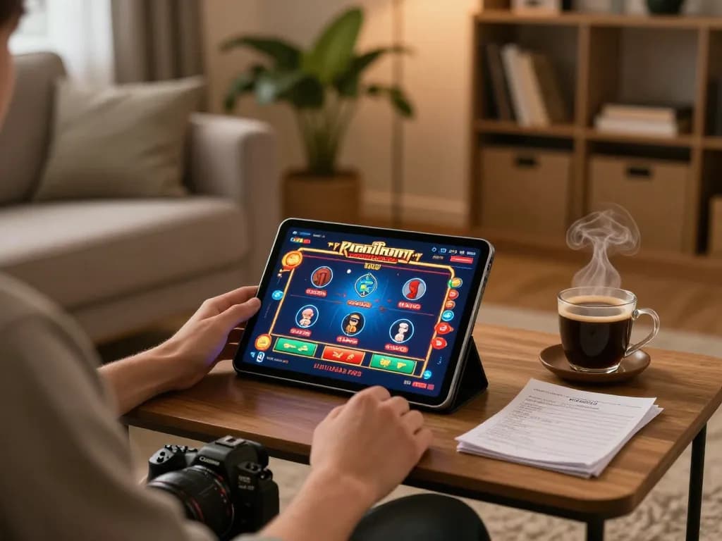sin88 player engaging in strategic online casino gaming at home with tablet and notes