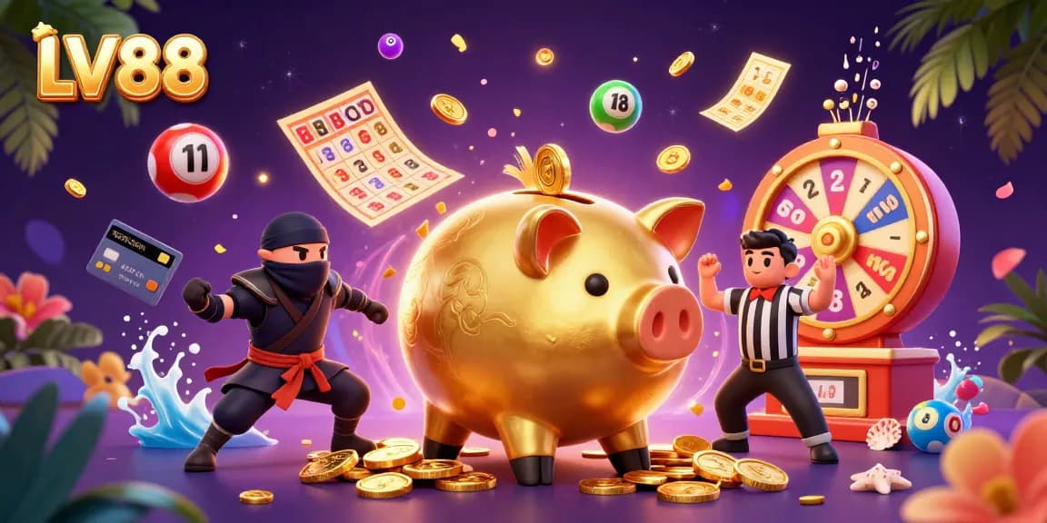 Experience winning at LV88 with dynamic gaming elements and vibrant characters in a festive casino scene.