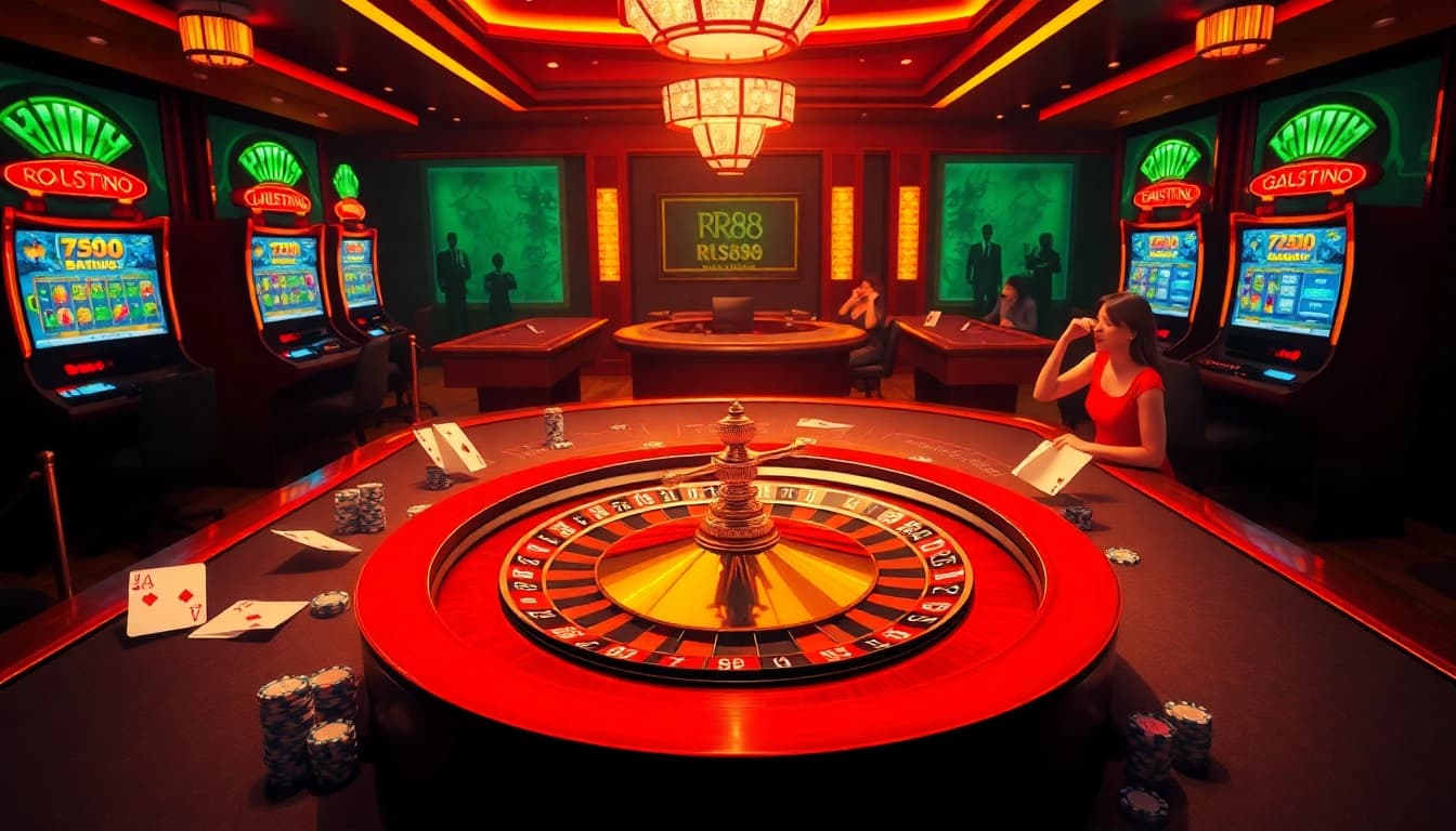 Players engaging in high-stakes gameplay at RR88 online casino's roulette table, showcasing excitement and luxury.