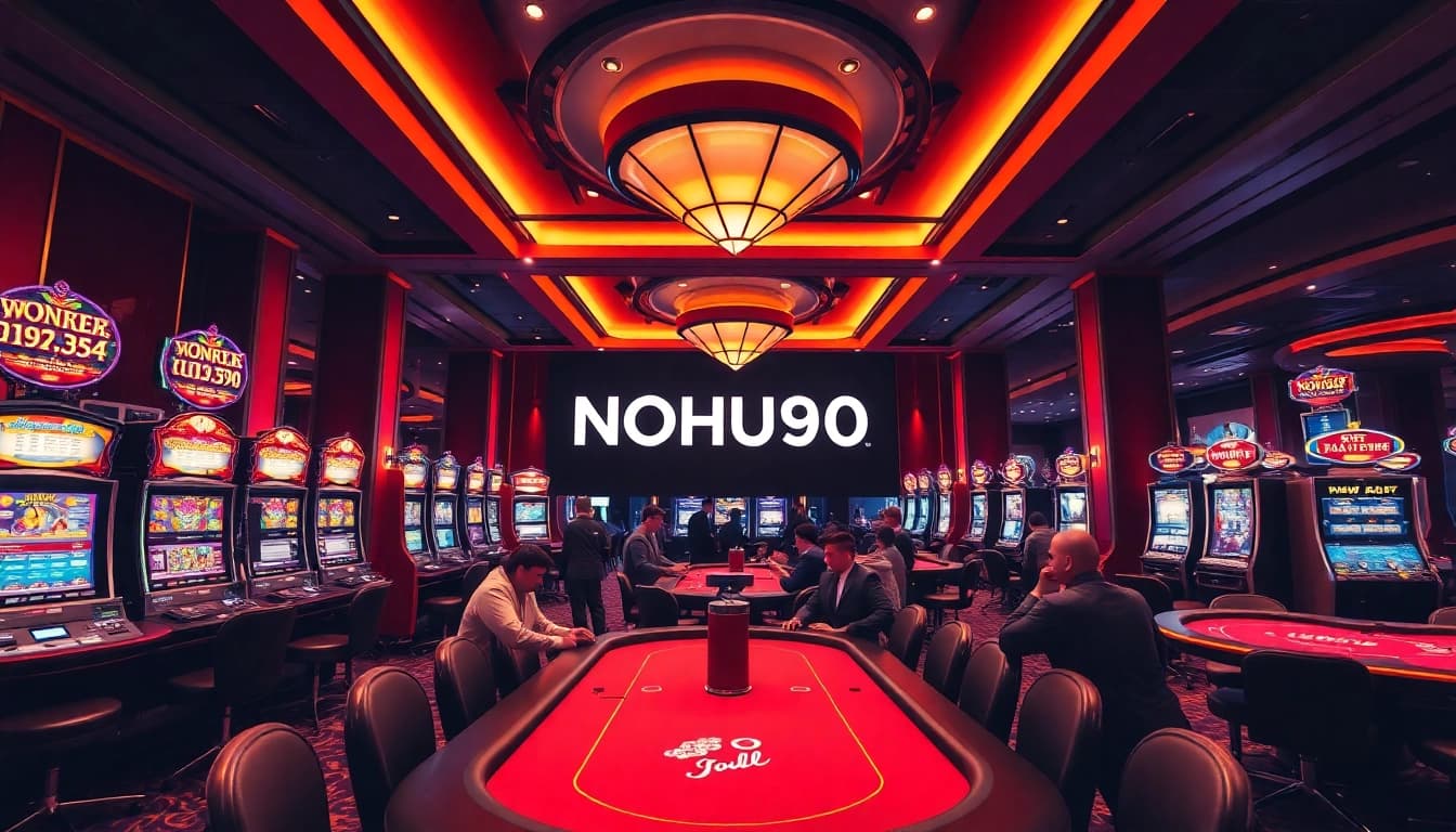 Engaging slot machines and poker tables highlight NOHU90's vibrant casino atmosphere.