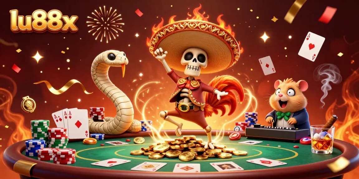 Experience thrilling casino moments with lu88x's vibrant, lively 3D illustration featuring engaging characters and game elements.