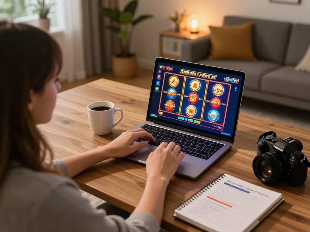Engaging online slots gameplay at home with 68gamebaivn on screen, showcasing vibrant graphics and a cozy setup