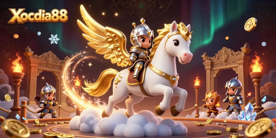 Xocdia88 features a celestial horse and knight in an exciting casino scene filled with gold coins and flames.