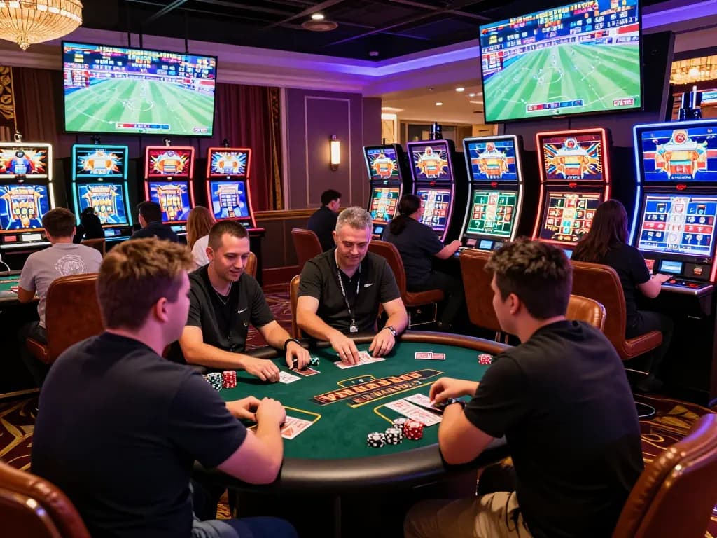 Exciting gambling atmosphere at okwin's online casino with players engaged in various games.