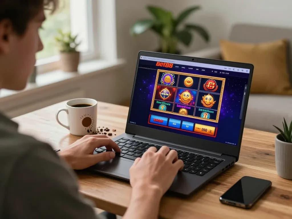 Bet88 online gaming scene with player engaged in slot machine gameplay on laptop, casual home environment.